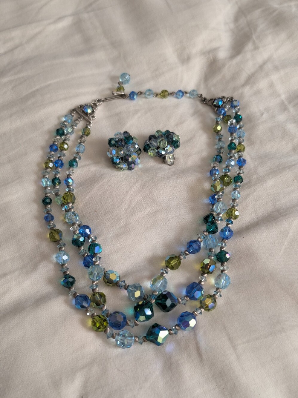 Vintage AB Green & Blue Crystal Demi Parure Set